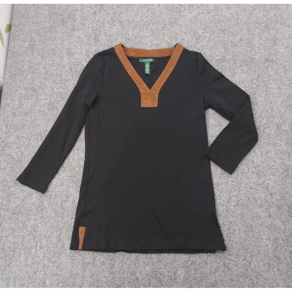 LRL Ralph Lauren Top Womens Medium‎ Black Brown Tunic Long Sleeve V Neck